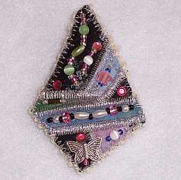 Blue, Green, Pink Diamond Beaded Art quilt Pin, Pendant, Sue Andrus